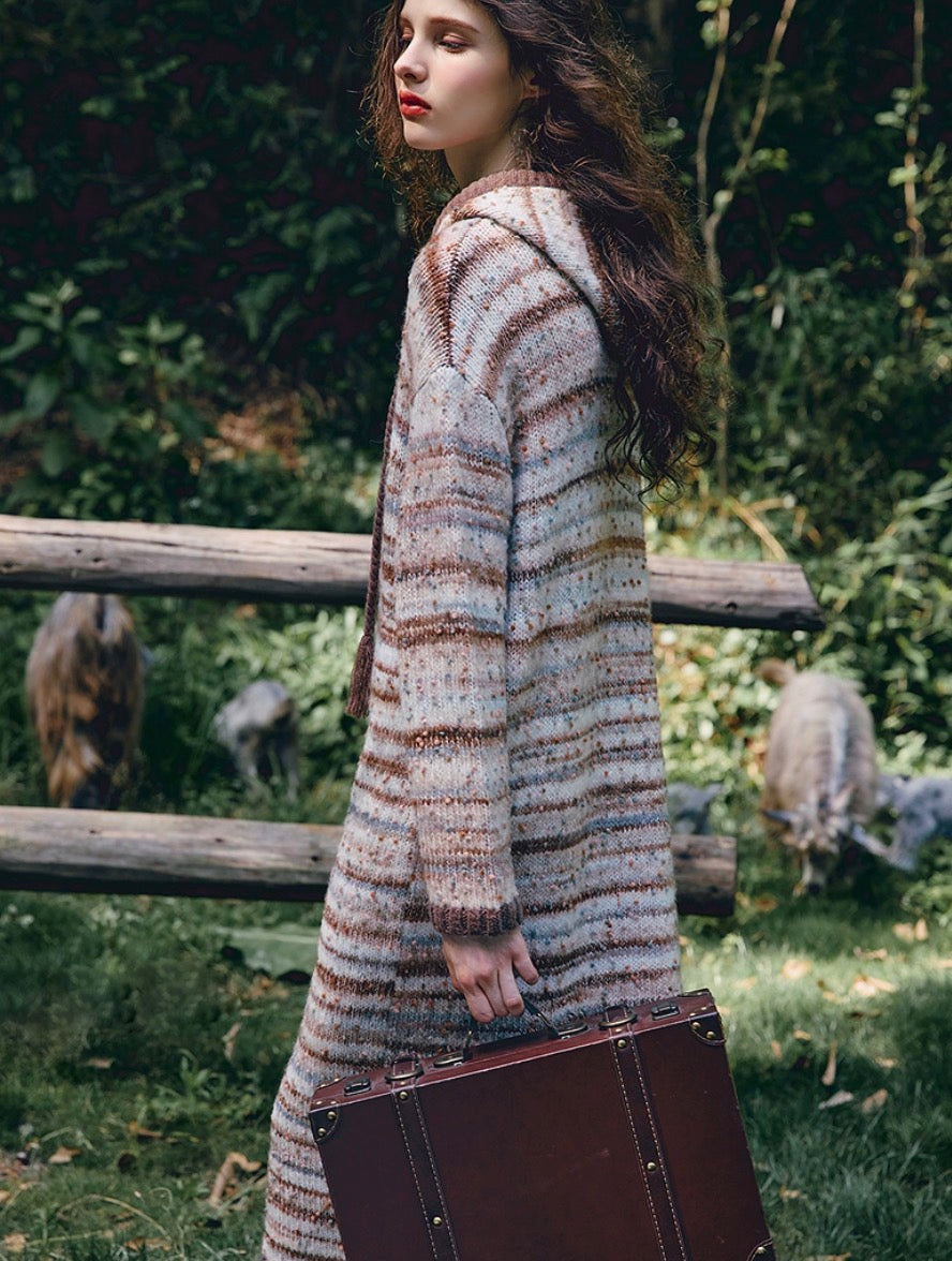 Cozy Striped Knit Hoodie Dress – Casual Straight Maxi Fit