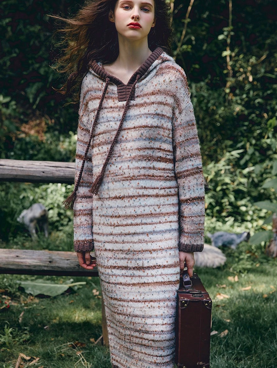 Cozy Striped Knit Hoodie Dress – Casual Straight Maxi Fit