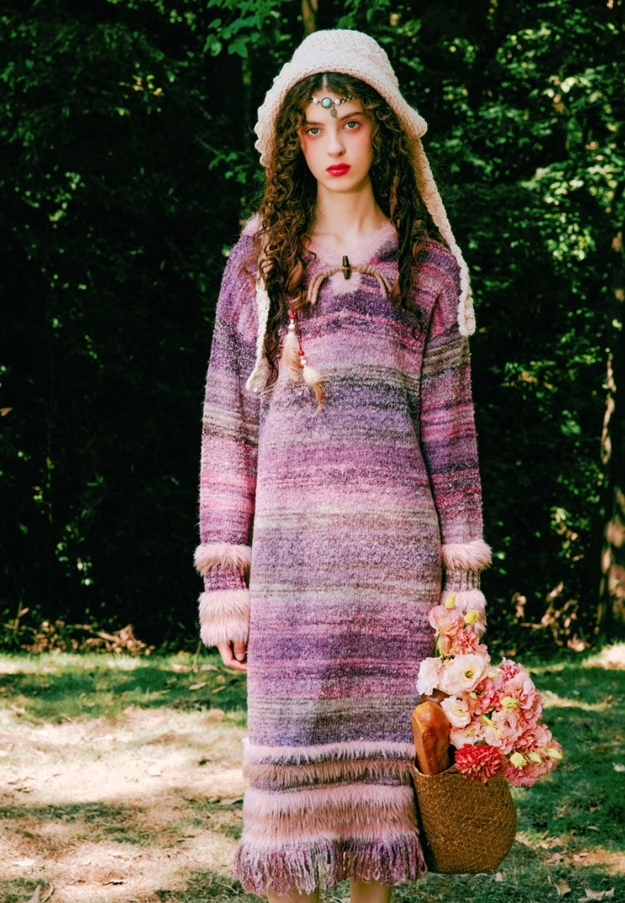 Pastel Gradient Knit Hooded Midi Dress