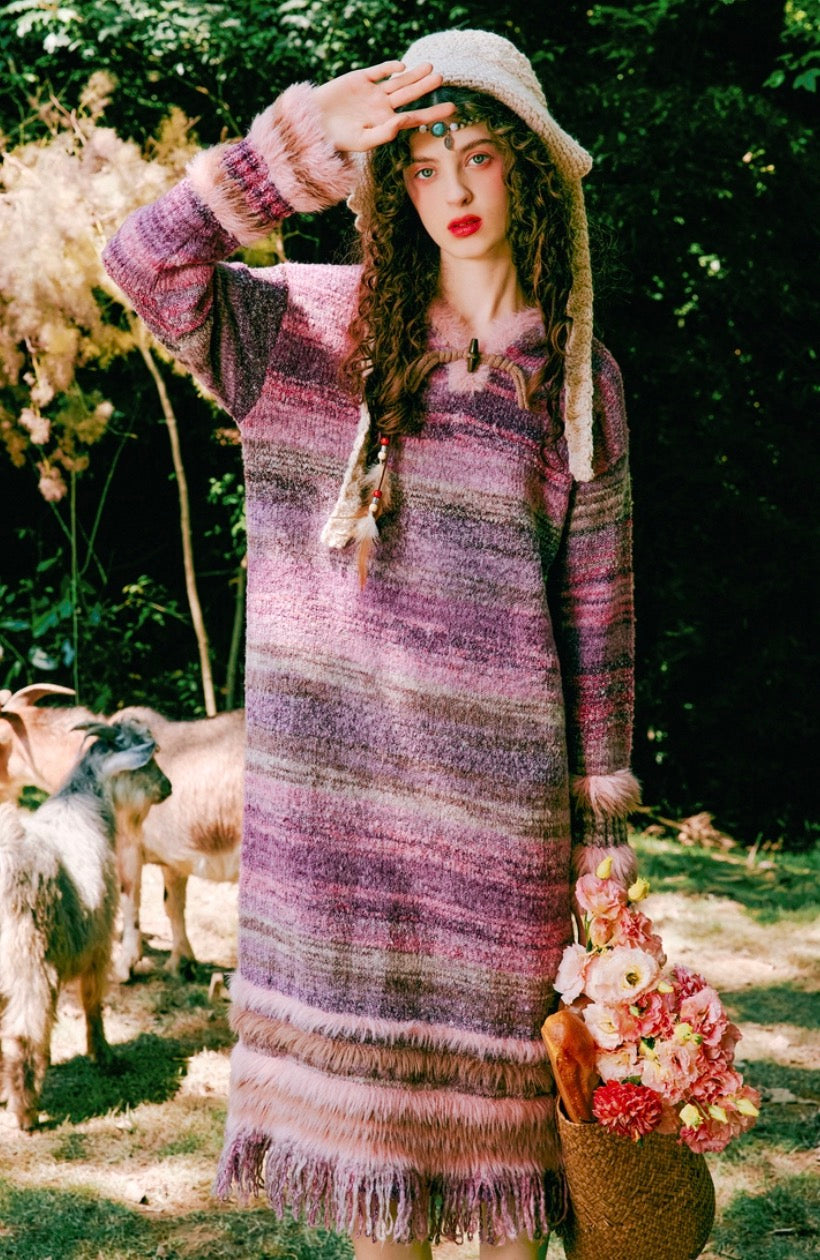 Pastel Gradient Knit Hooded Midi Dress