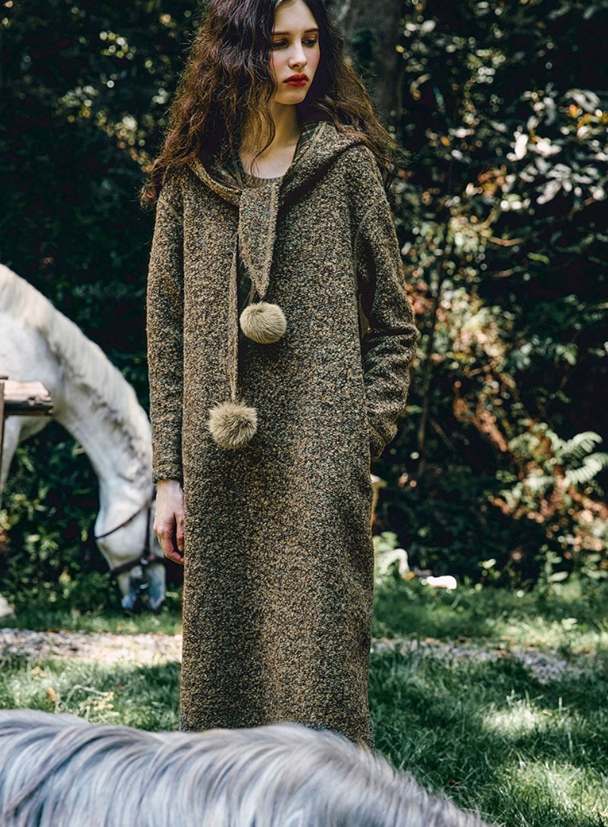 Detachable Hood Wool Blend Straight Maxi Dress