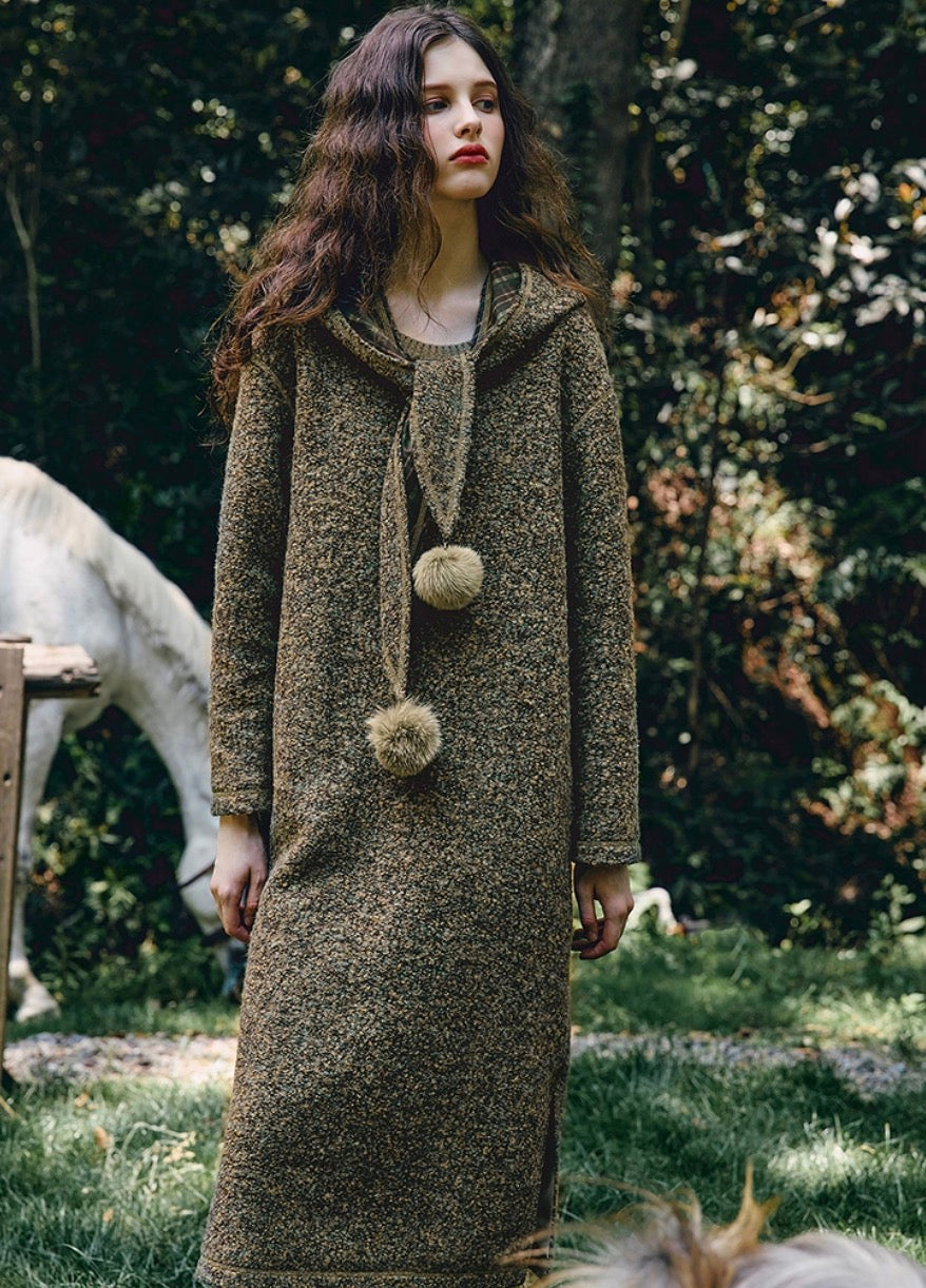 Detachable Hood Wool Blend Straight Maxi Dress