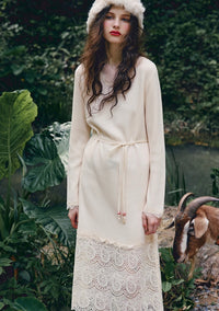 Romantic Ivory Lace Patchwork V-Neck Maxi Dress