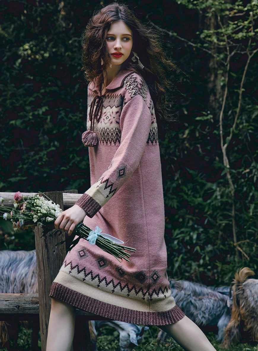Casual Fair Isle Knit Polo Dress – Straight Silhouette