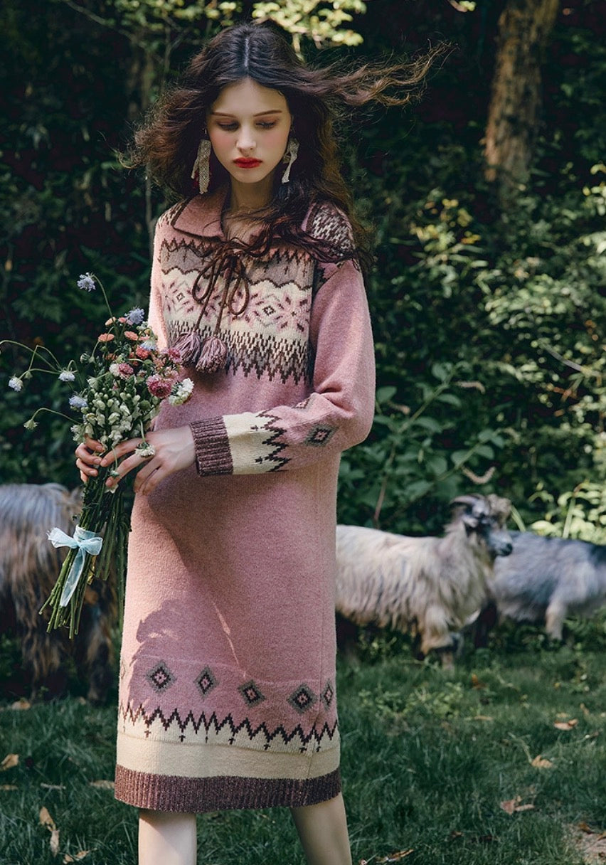 Casual Fair Isle Knit Polo Dress – Straight Silhouette