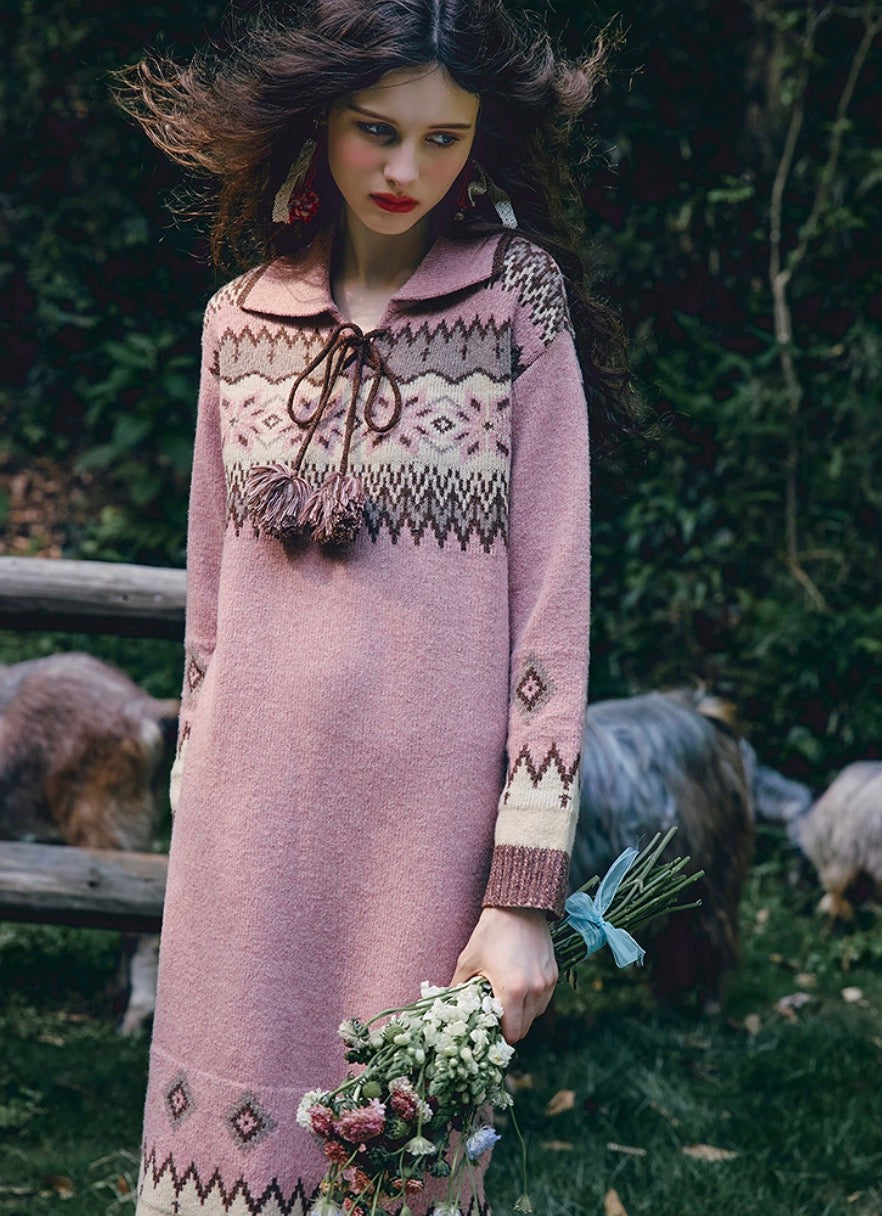 Casual Fair Isle Knit Polo Dress – Straight Silhouette