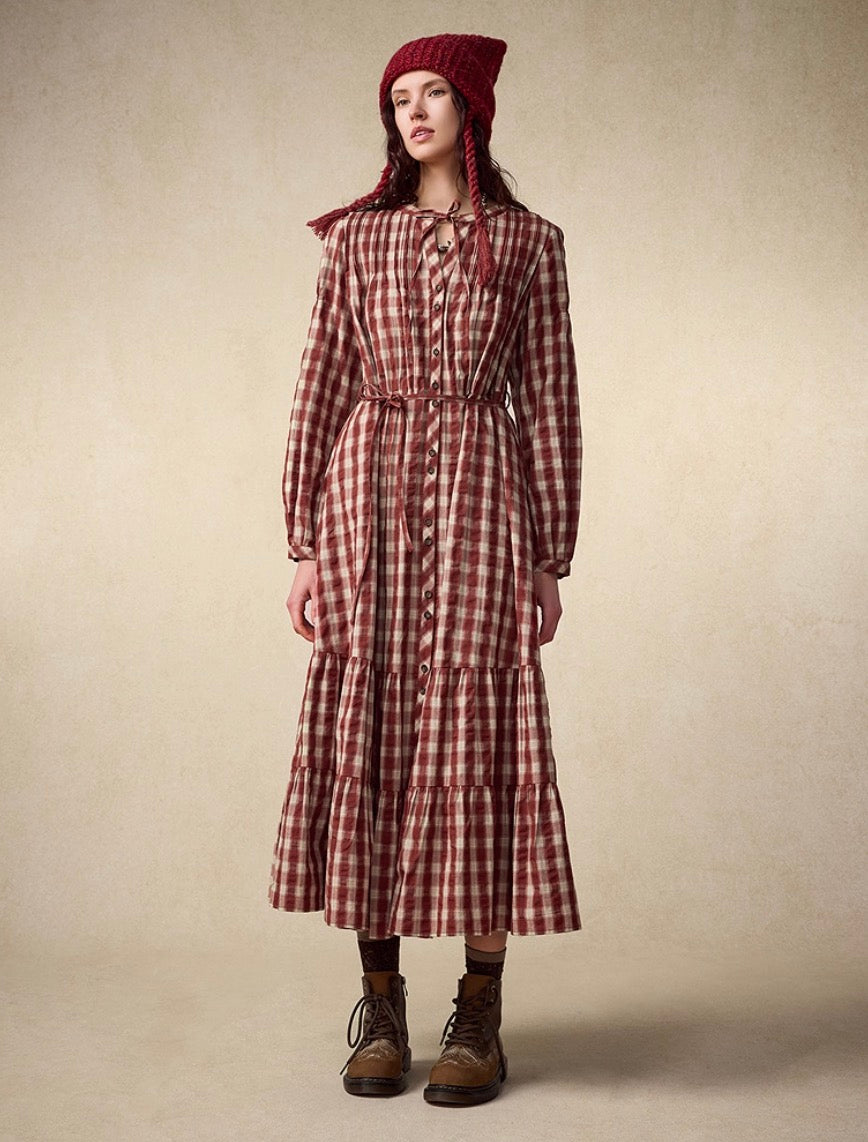 Fall Retro Checkered Long Dress – Relaxed Silhouette