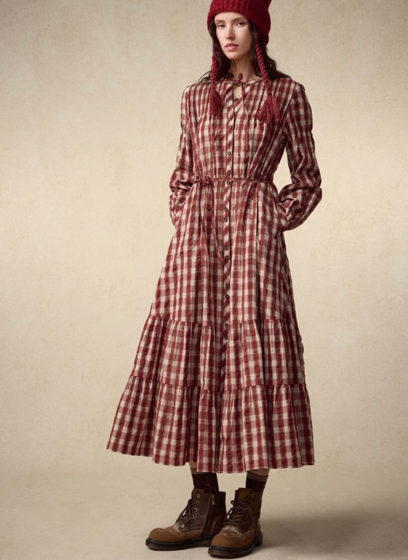 Fall Retro Checkered Long Dress – Relaxed Silhouette