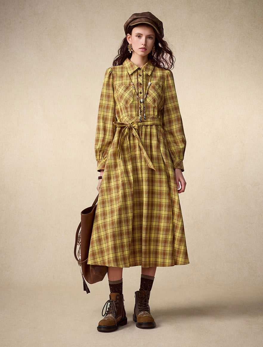Fall Checked Shirt Dress – High Waist Flared Silhouette