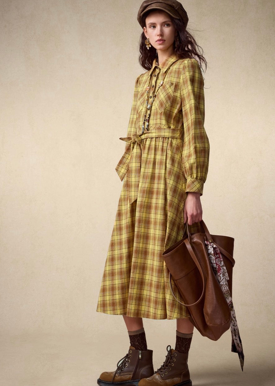 Fall Checked Shirt Dress – High Waist Flared Silhouette