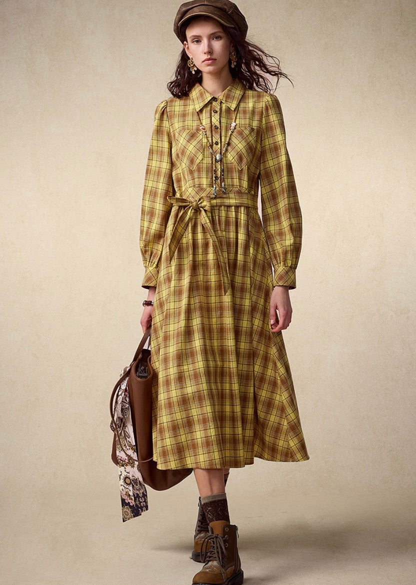 Fall Checked Shirt Dress – High Waist Flared Silhouette