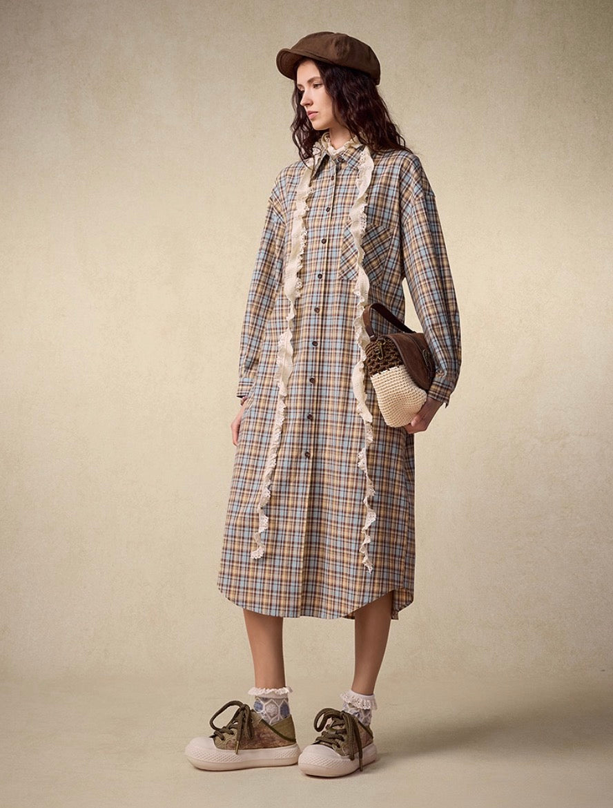 Fall Retro Checked Relaxed Shirt Dress