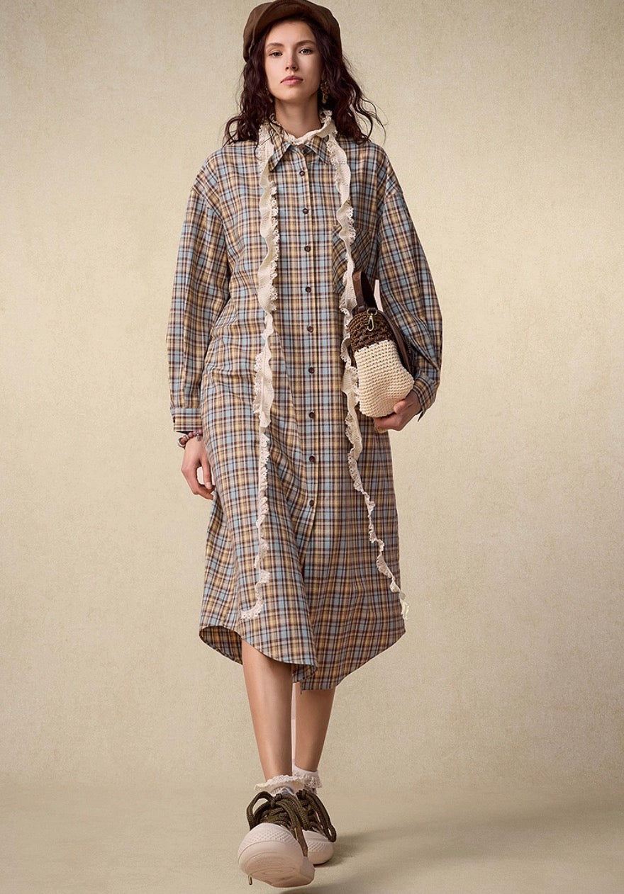 Fall Retro Checked Relaxed Shirt Dress