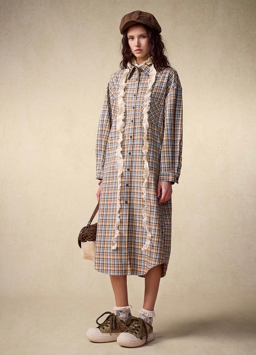 Fall Retro Checked Relaxed Shirt Dress