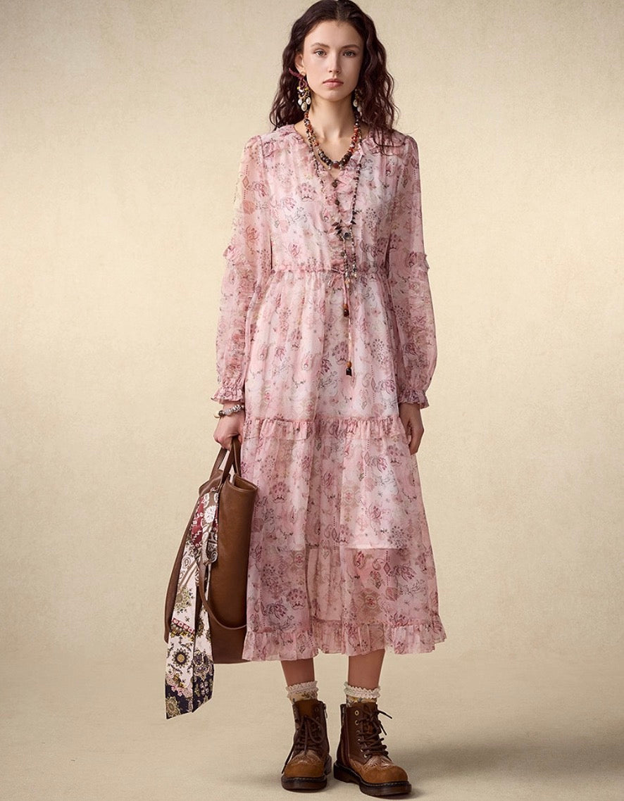 Romantic Ruffled Floral Chiffon Dress