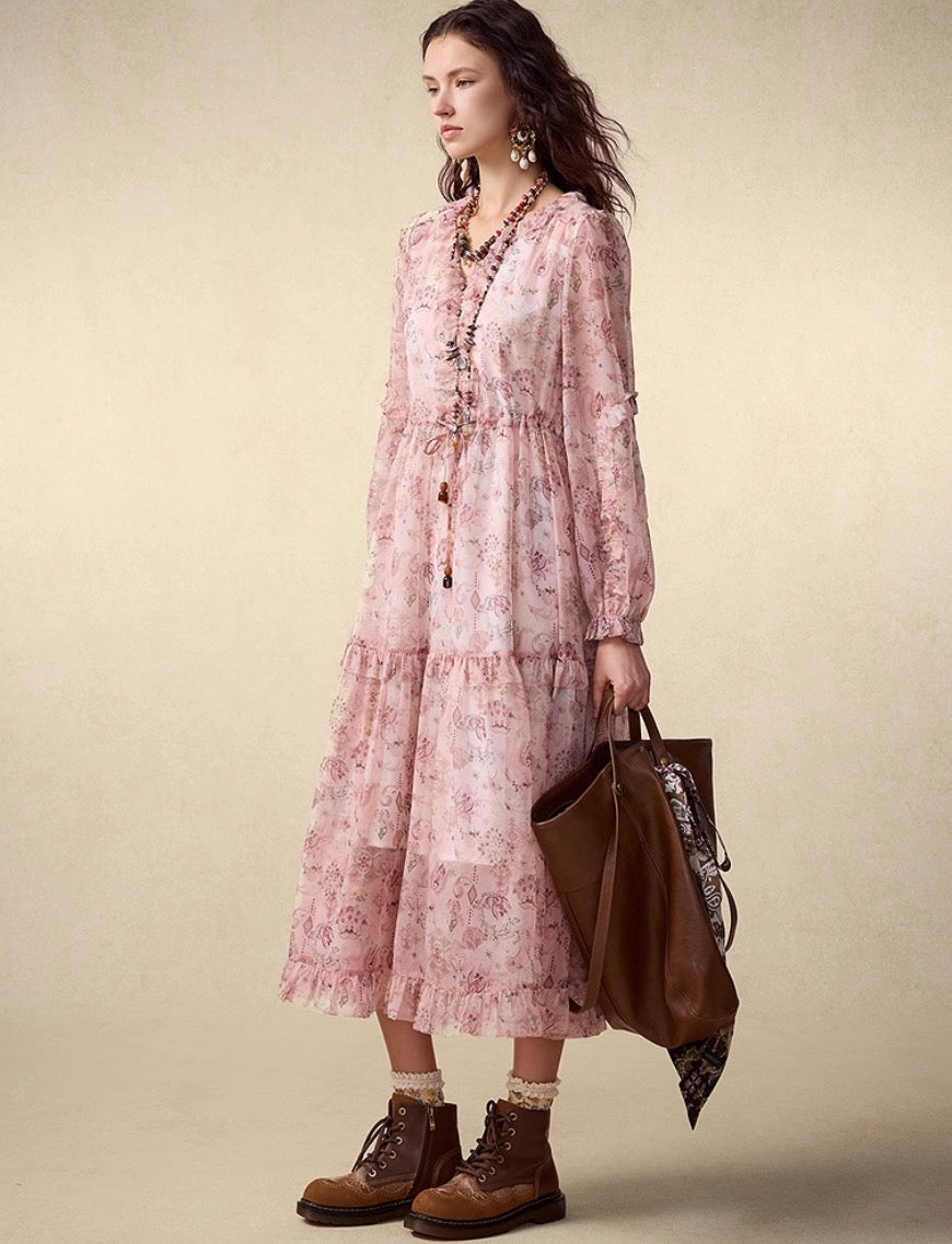 Romantic Ruffled Floral Chiffon Dress