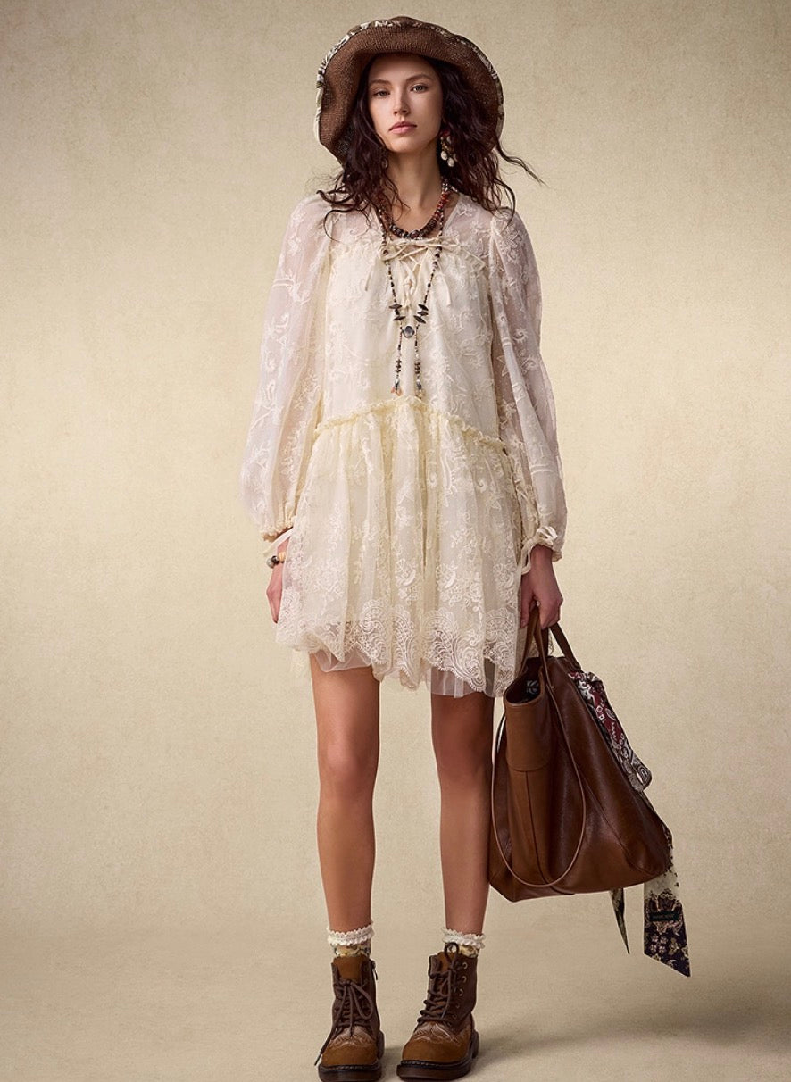 Romantic Puff Sleeve Lace Embroidered Dress