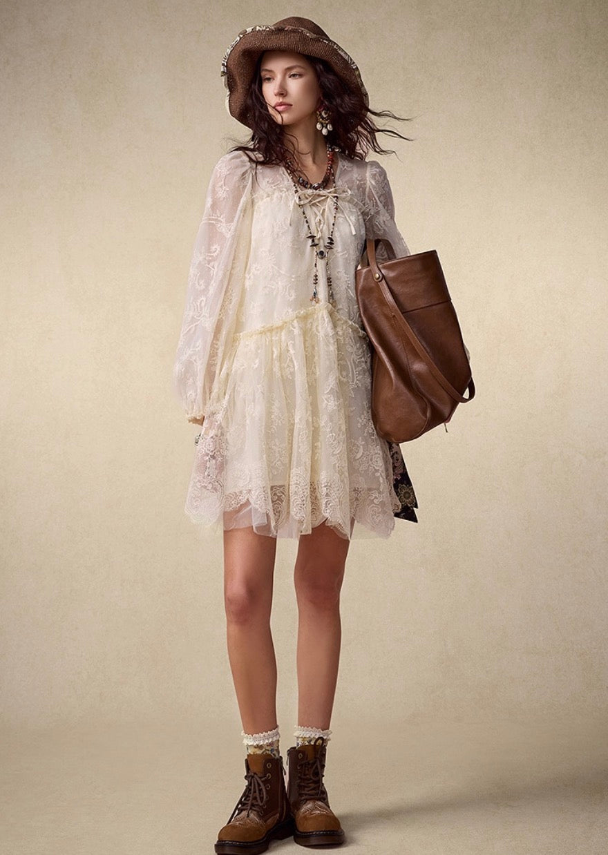 Romantic Puff Sleeve Lace Embroidered Dress