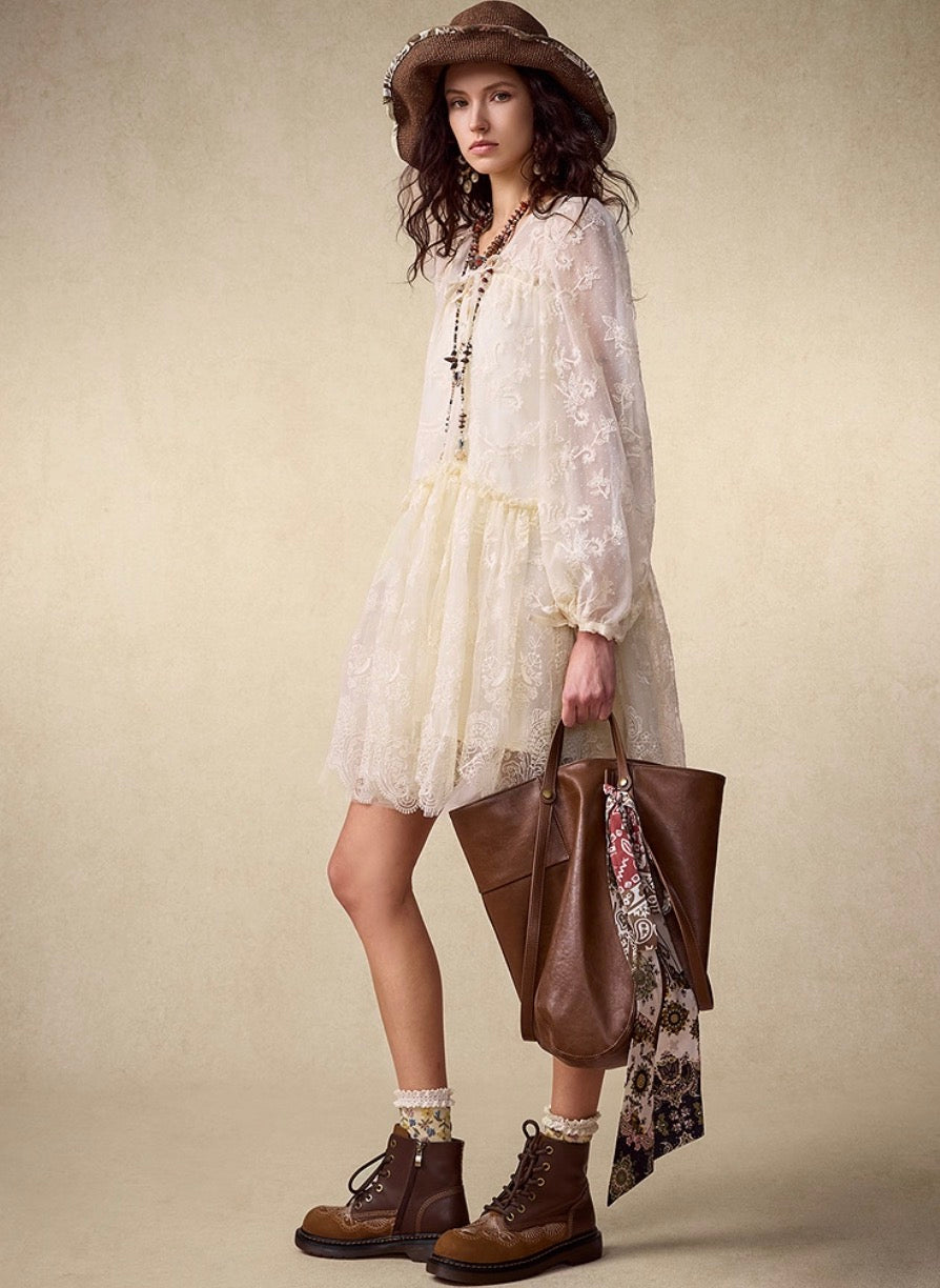 Romantic Puff Sleeve Lace Embroidered Dress
