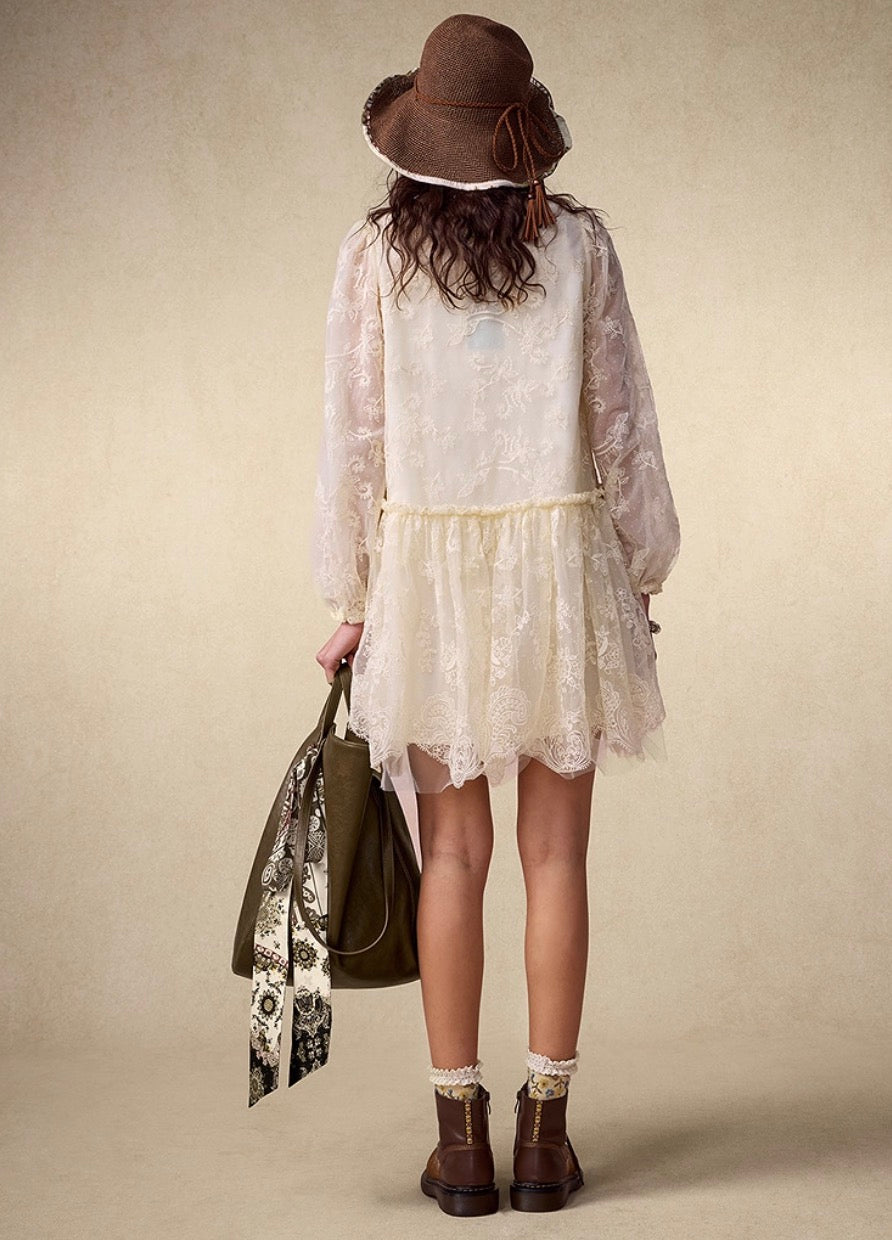 Romantic Puff Sleeve Lace Embroidered Dress