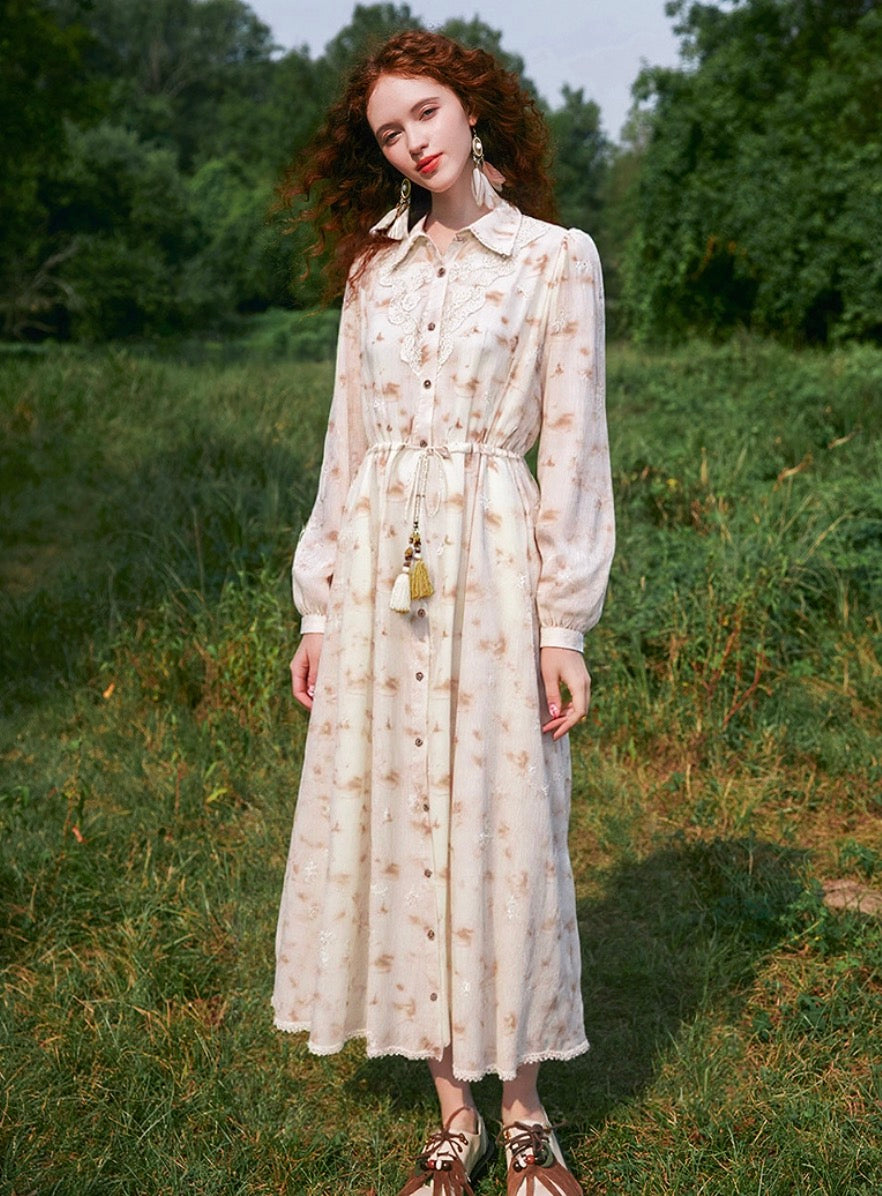 Lace Embroidered Long-Sleeve Shirt Dress – Midi Length
