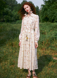 Lace Embroidered Long-Sleeve Shirt Dress – Midi Length
