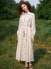 Lace Embroidered Long-Sleeve Shirt Dress – Midi Length