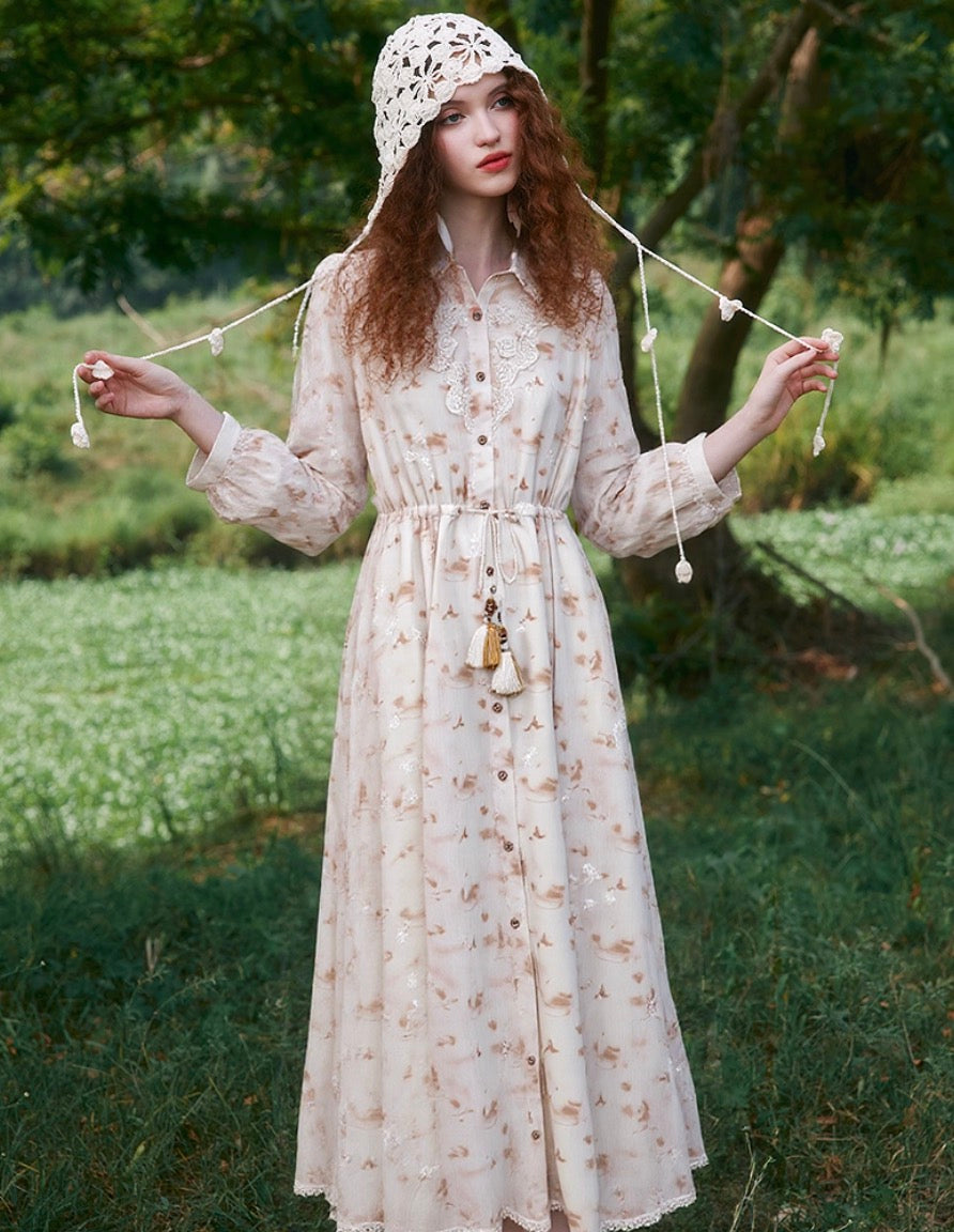 Lace Embroidered Long-Sleeve Shirt Dress – Midi Length