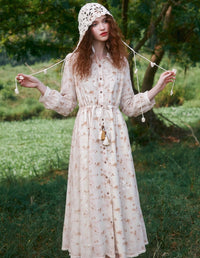 Lace Embroidered Long-Sleeve Shirt Dress – Midi Length