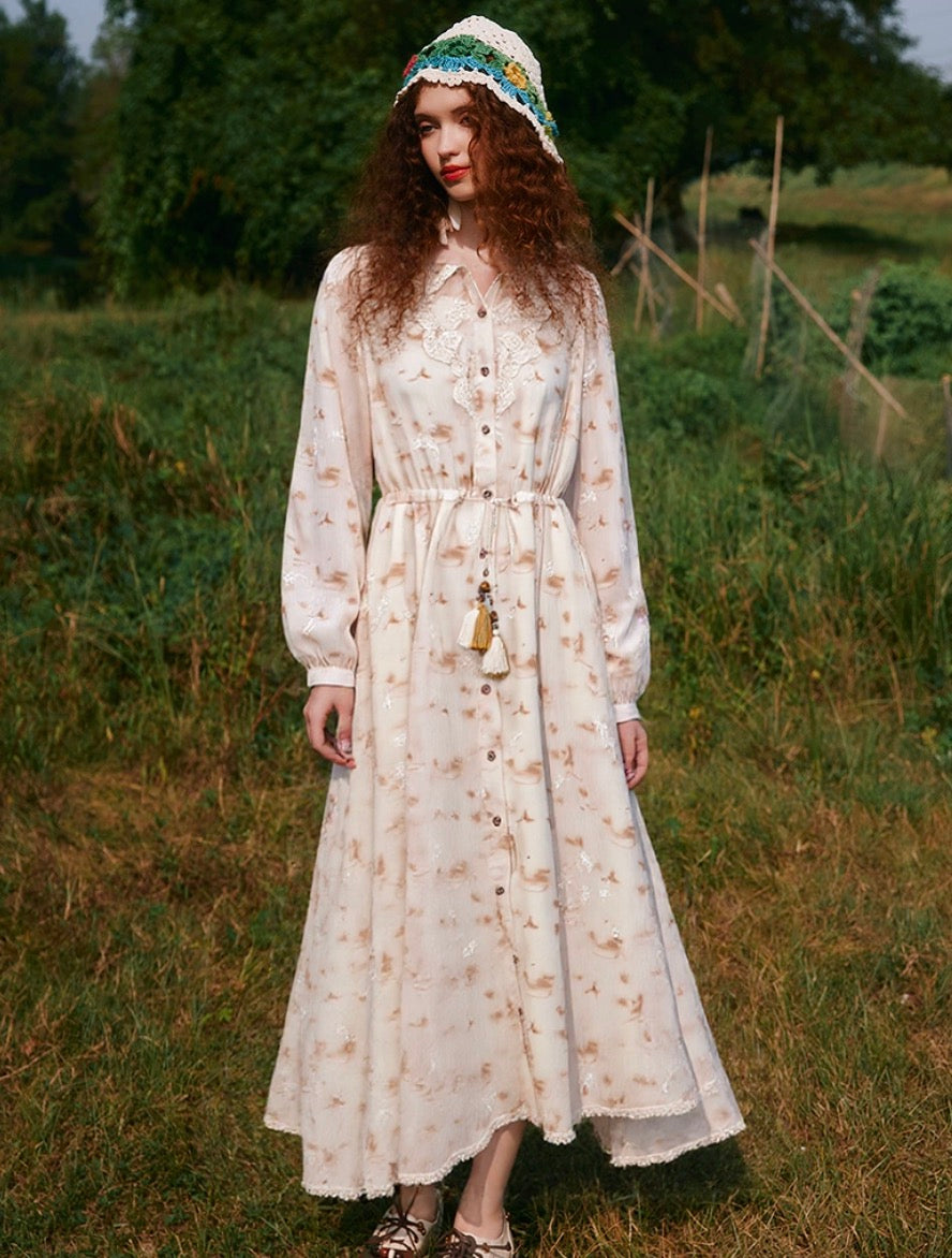 Lace Embroidered Long-Sleeve Shirt Dress – Midi Length