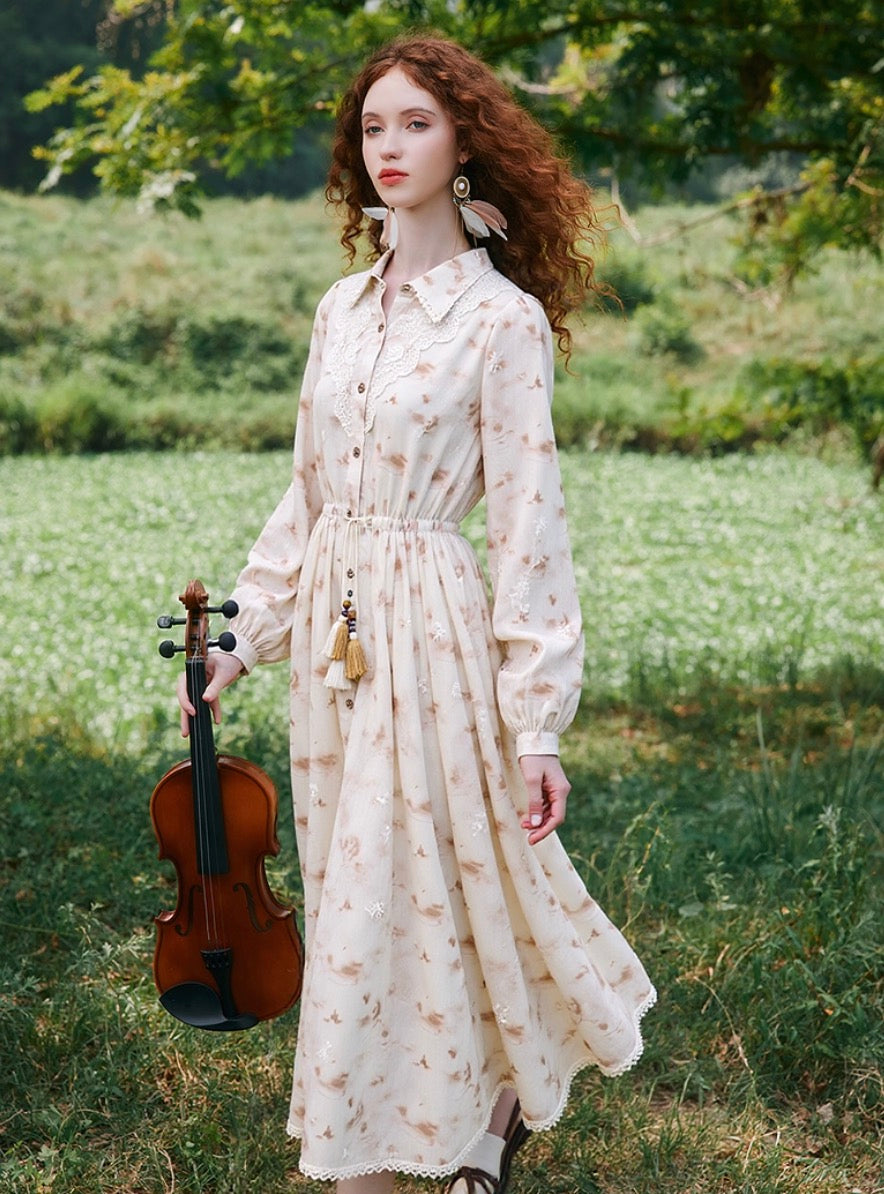 Lace Embroidered Long-Sleeve Shirt Dress – Midi Length