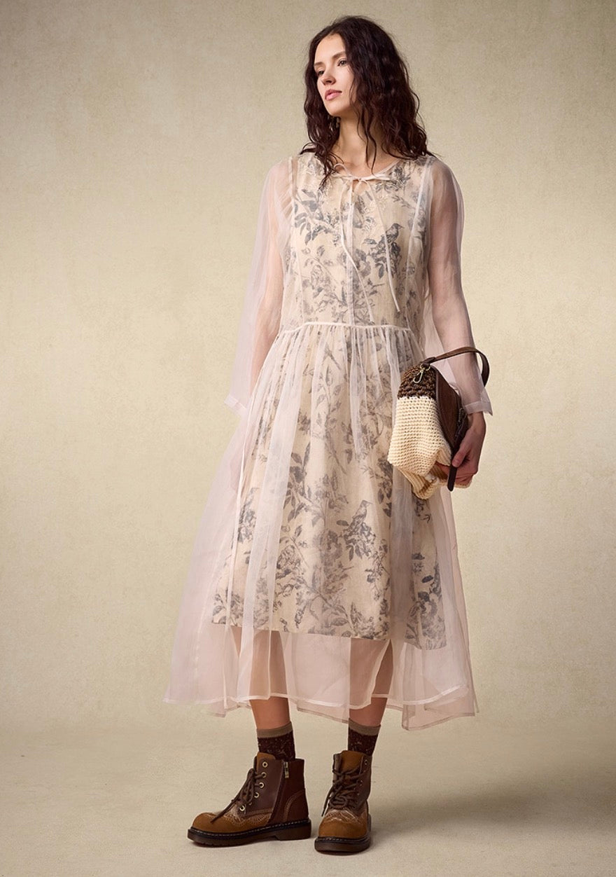 Printed Long-Sleeve Silk  Dress