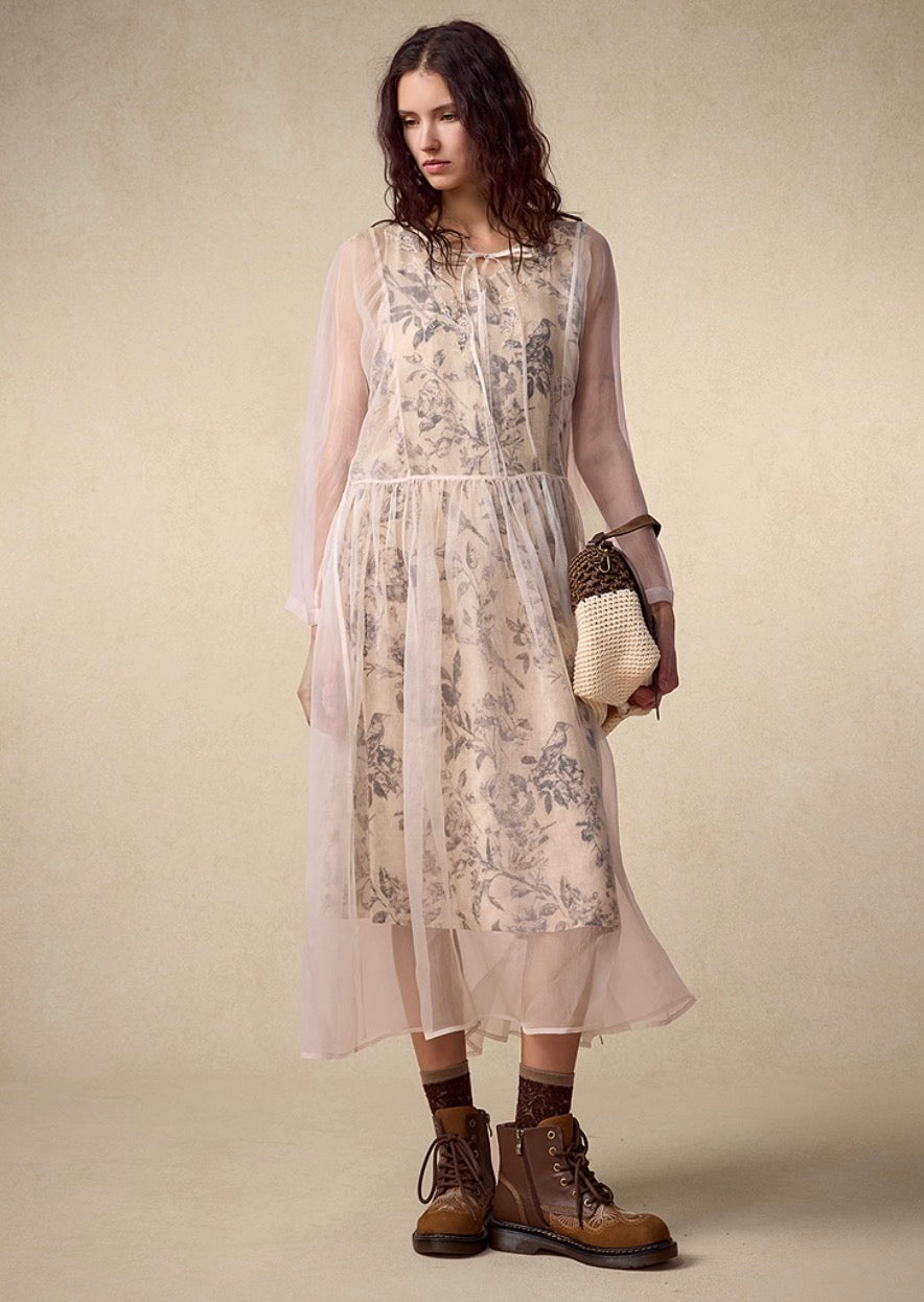 Printed Long-Sleeve Silk  Dress