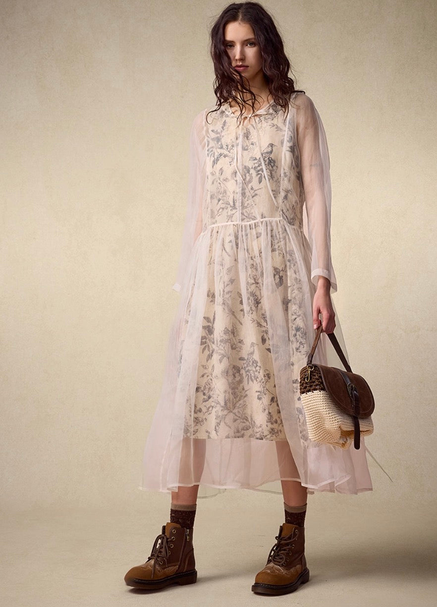 Printed Long-Sleeve Silk  Dress