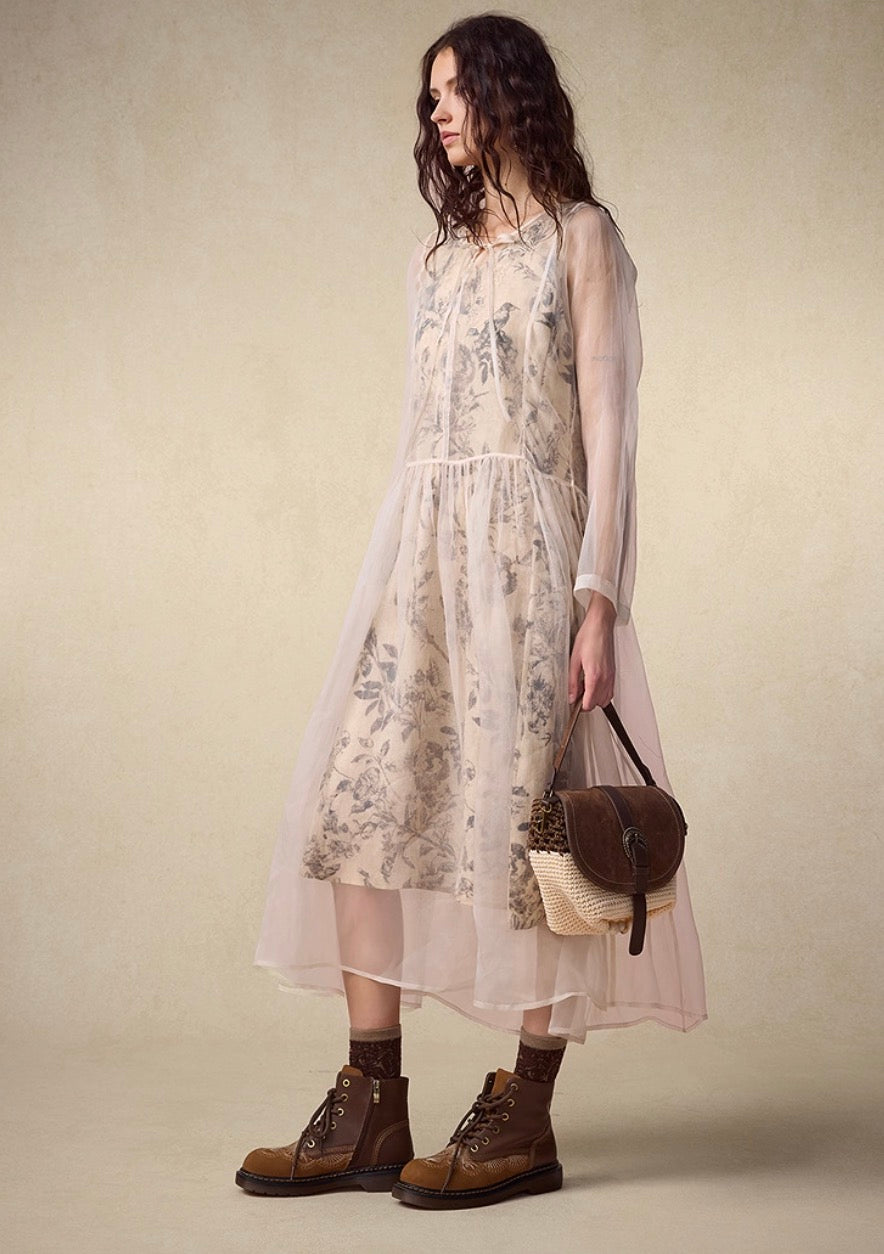 Printed Long-Sleeve Silk  Dress