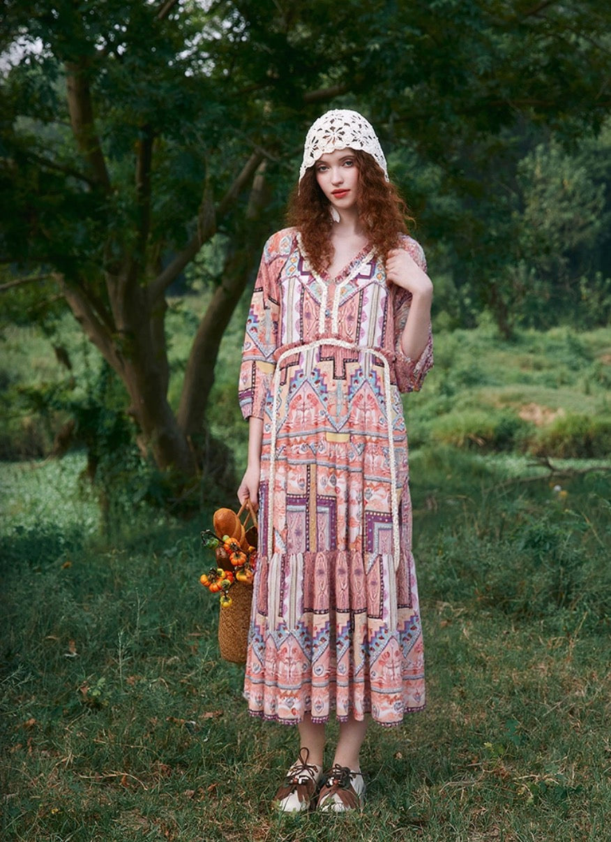 Bohemian Printed V-Neck Raglan Maxi Dress