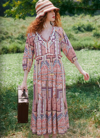 Bohemian Printed V-Neck Raglan Maxi Dress