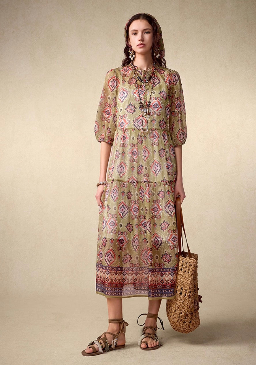 Puff Sleeve Floral Chiffon Maxi Dress