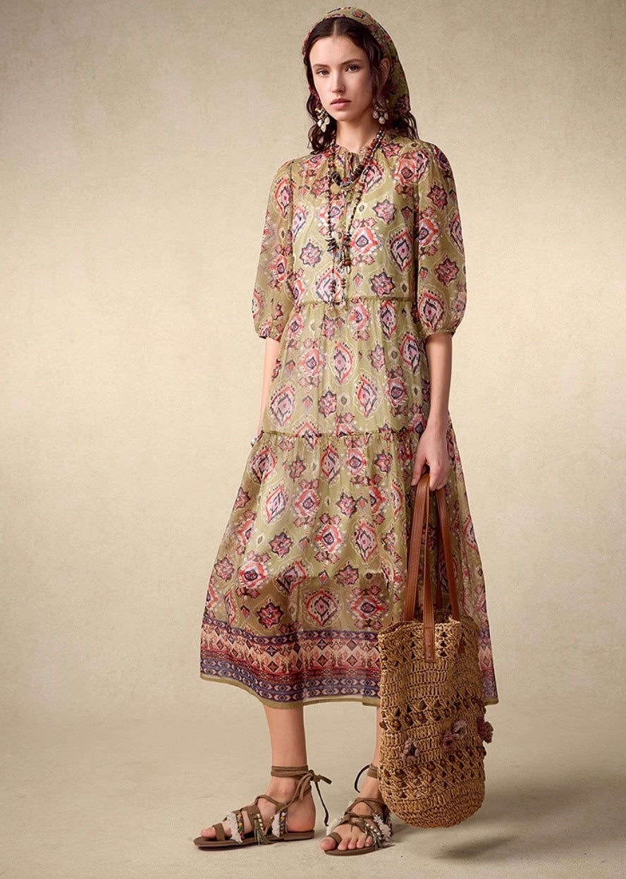 Puff Sleeve Floral Chiffon Maxi Dress