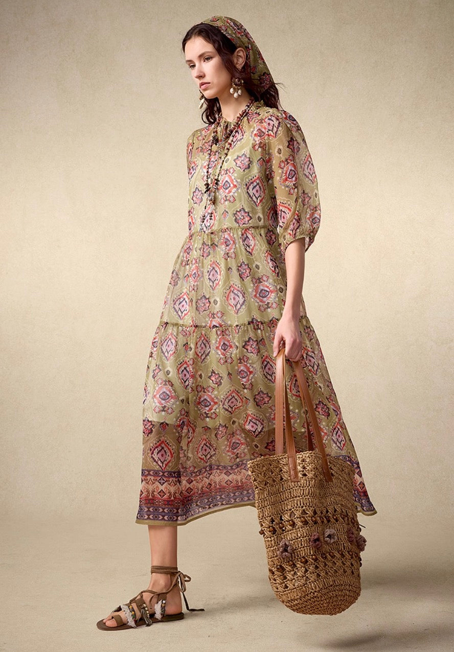 Puff Sleeve Floral Chiffon Maxi Dress